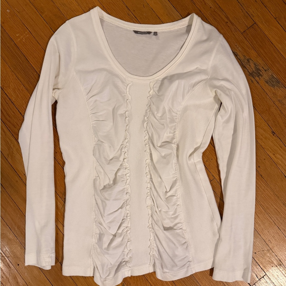 Women’s White Ruffle-Front Long Sleeve Scoop Neck Top